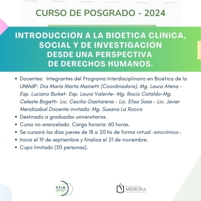Posgrado  "Introducción a la Bioética Clínica Social y de investigación desde una perspectiva de derechos humanos"